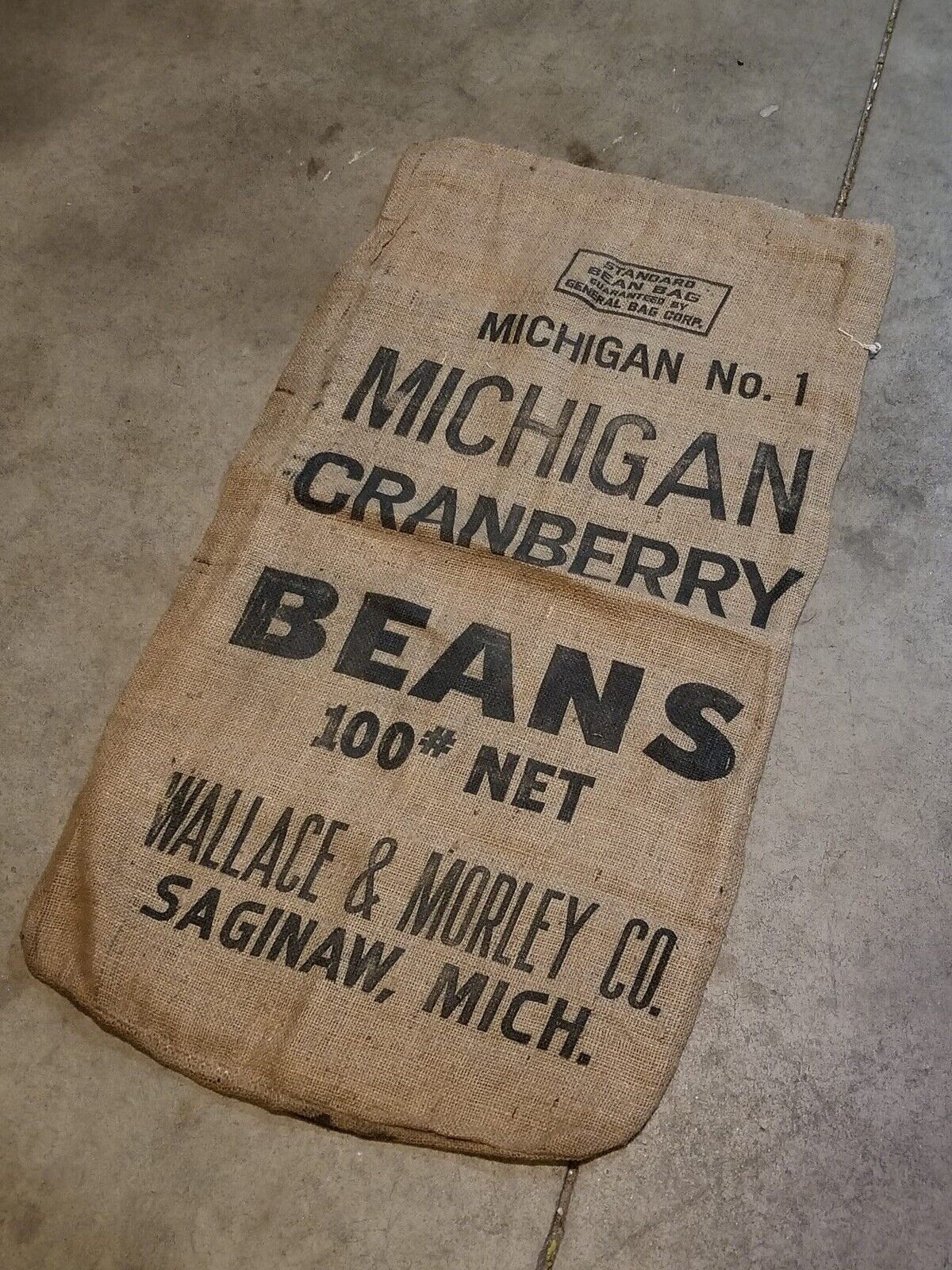 Vintage Michigan Cranberry Bean Burlap Sack, Wallace & Morley Co. Decor