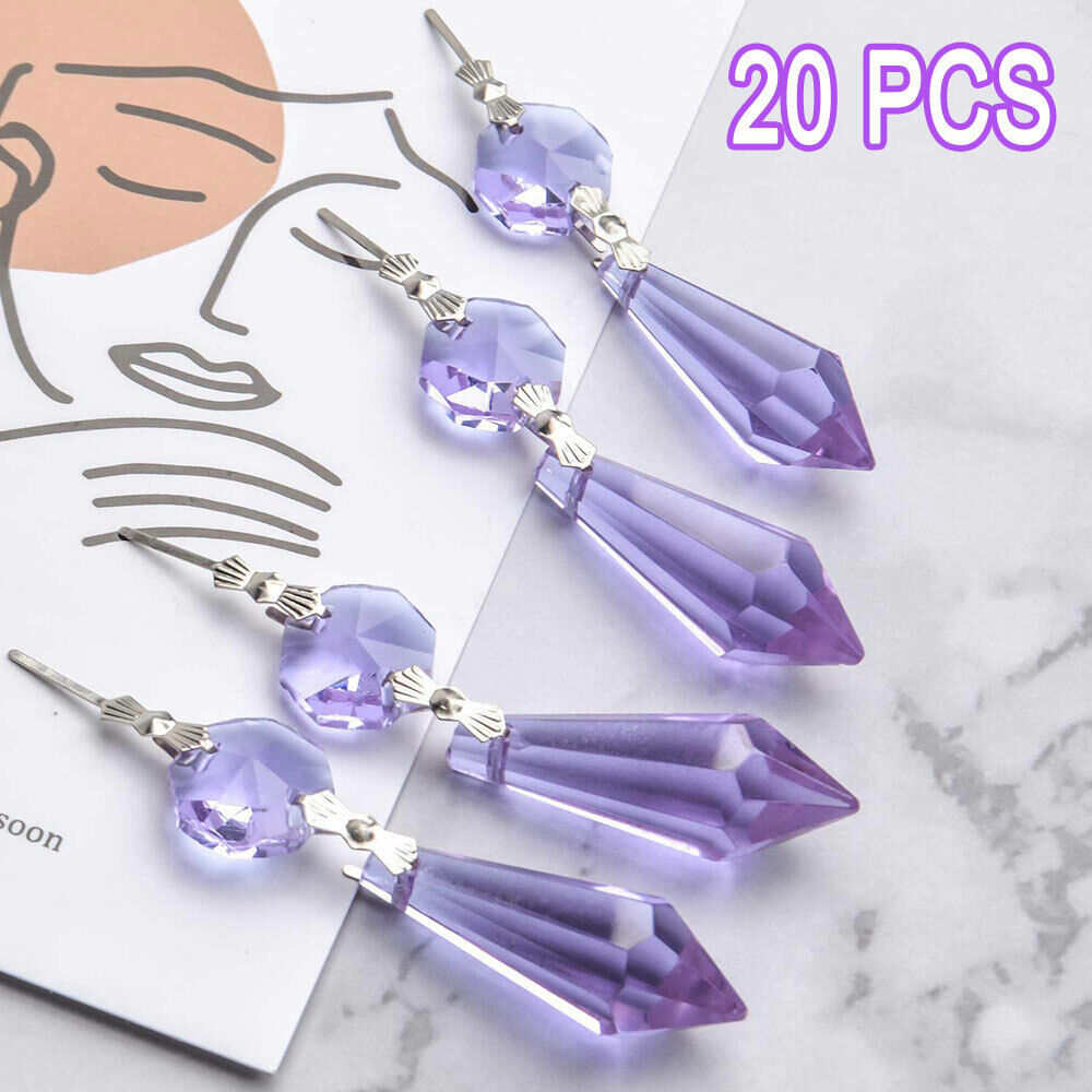 20PCs Chandelier Lamp Clear Crystal Icicle Prisms Bead Hanging Purple #LI