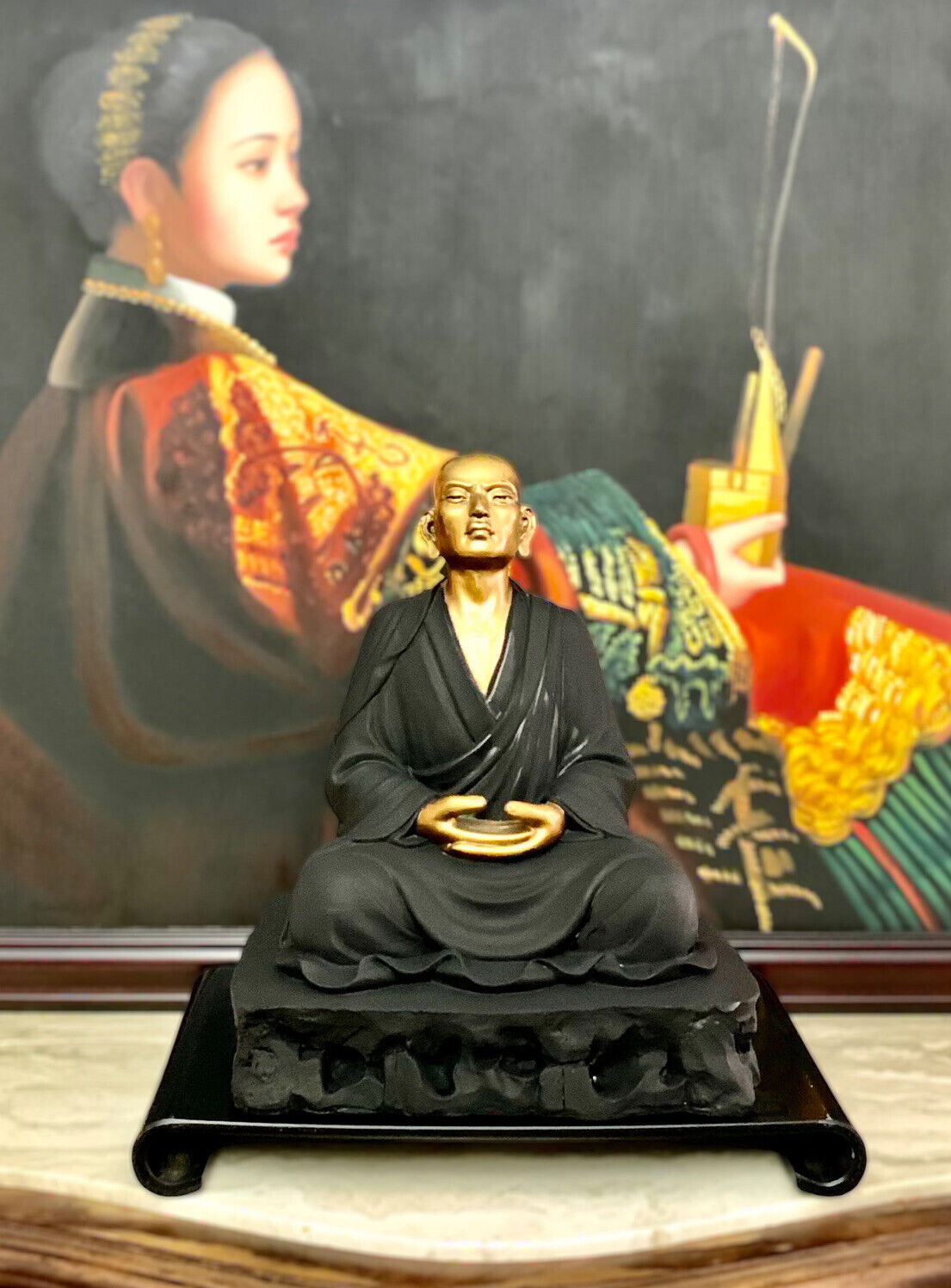 Statue Oriental Asian Wise Man Vintage Statue on Wooden Base Meditation Zen