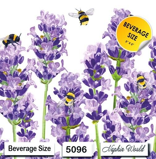 (5096) TWO Individual Paper BEVERAGE / COCKTAIL Decoupage Napkins  LAVENDER BEES