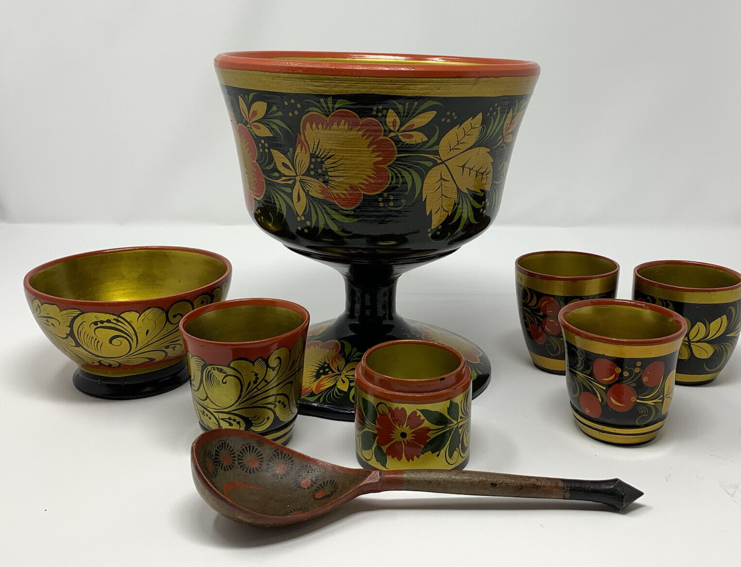 8Pc VTG USSR Russian Khokhloma Hand Painted Lacquered Wooden Bowls Cups Spoon