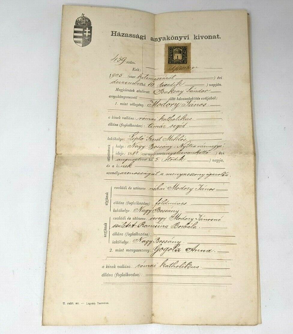 VTG Antique 1905 Hungary Hungarian Marriage Certificate Document Ephemera KP21
