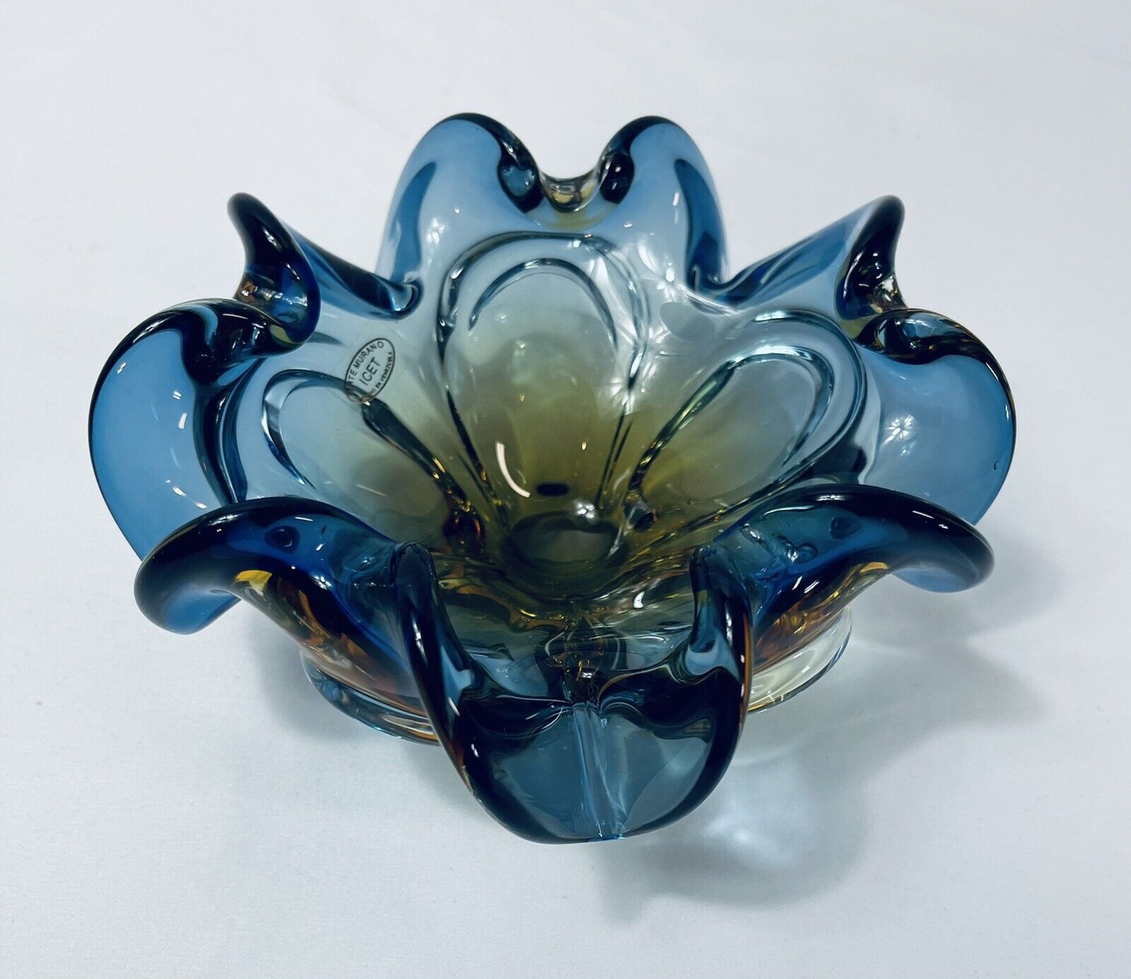 Arte Murano Icet Hand Blown Glass Cobalt Blue Amber Floral Ruffled Dish Bowl MCM