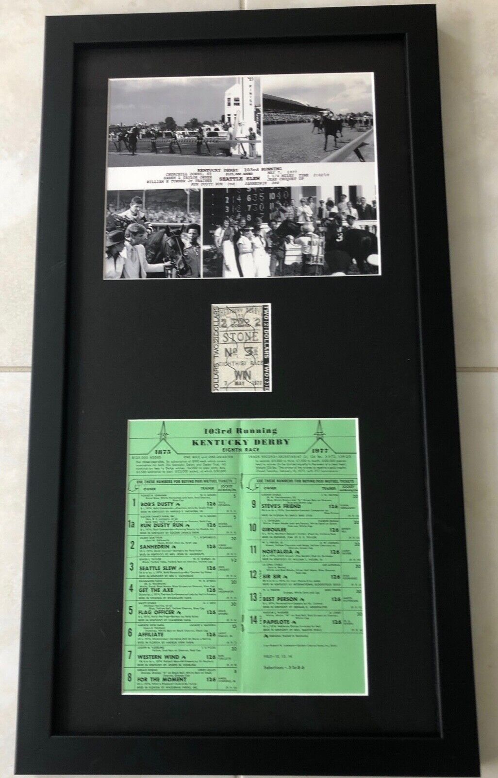 SEATTLE SLEW 1977 KENTUCKY DERBY PROGRAM / UNCASHED TOTE / PHOTO & DISPLAY FRAME