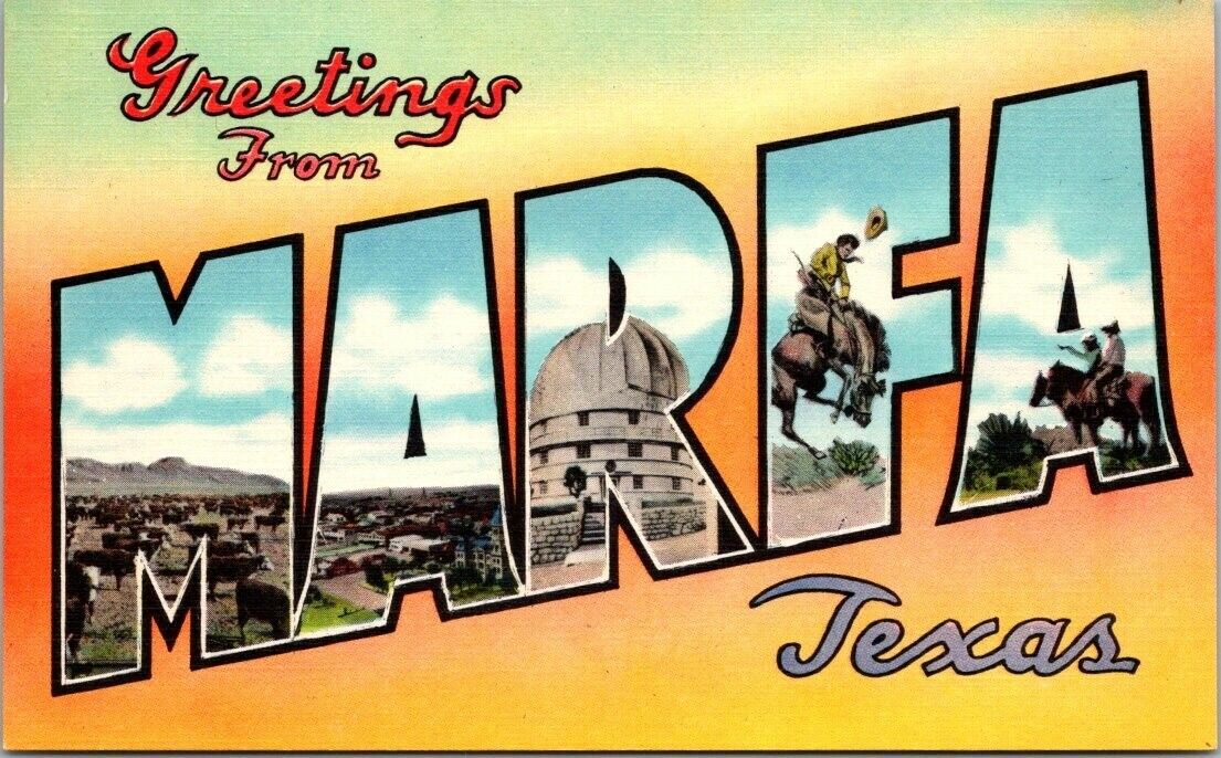 Marfa Texas TX Large Letter Greetings Horses Cattle Observatory Linen Postcard 