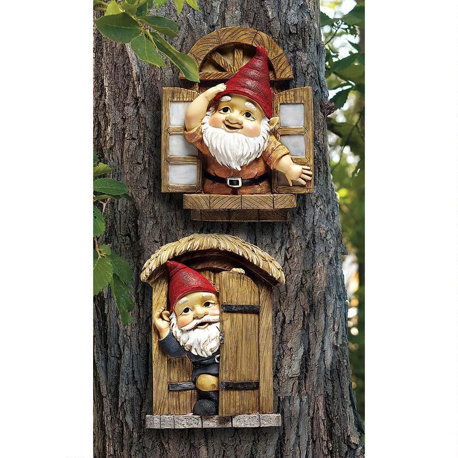 Set of 2: Trees of the Forest Knothole Gnome Welcoming Woodland Tree Sculptures