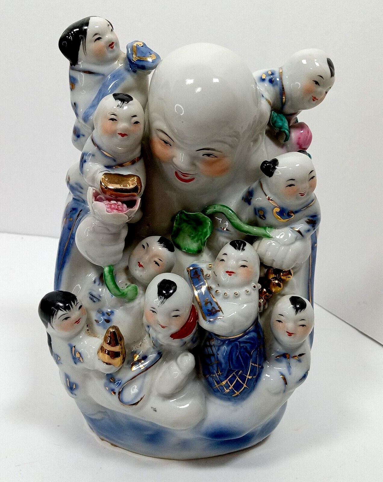 Vintage Porcelain Happy Smiling Buddha w/ 9 Children Figurine Asian Porcelain