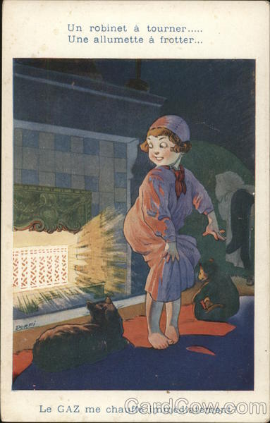 Girls Child Warming Her Behind Near Glowing Heater Dorfi Camis Postcard Vintage