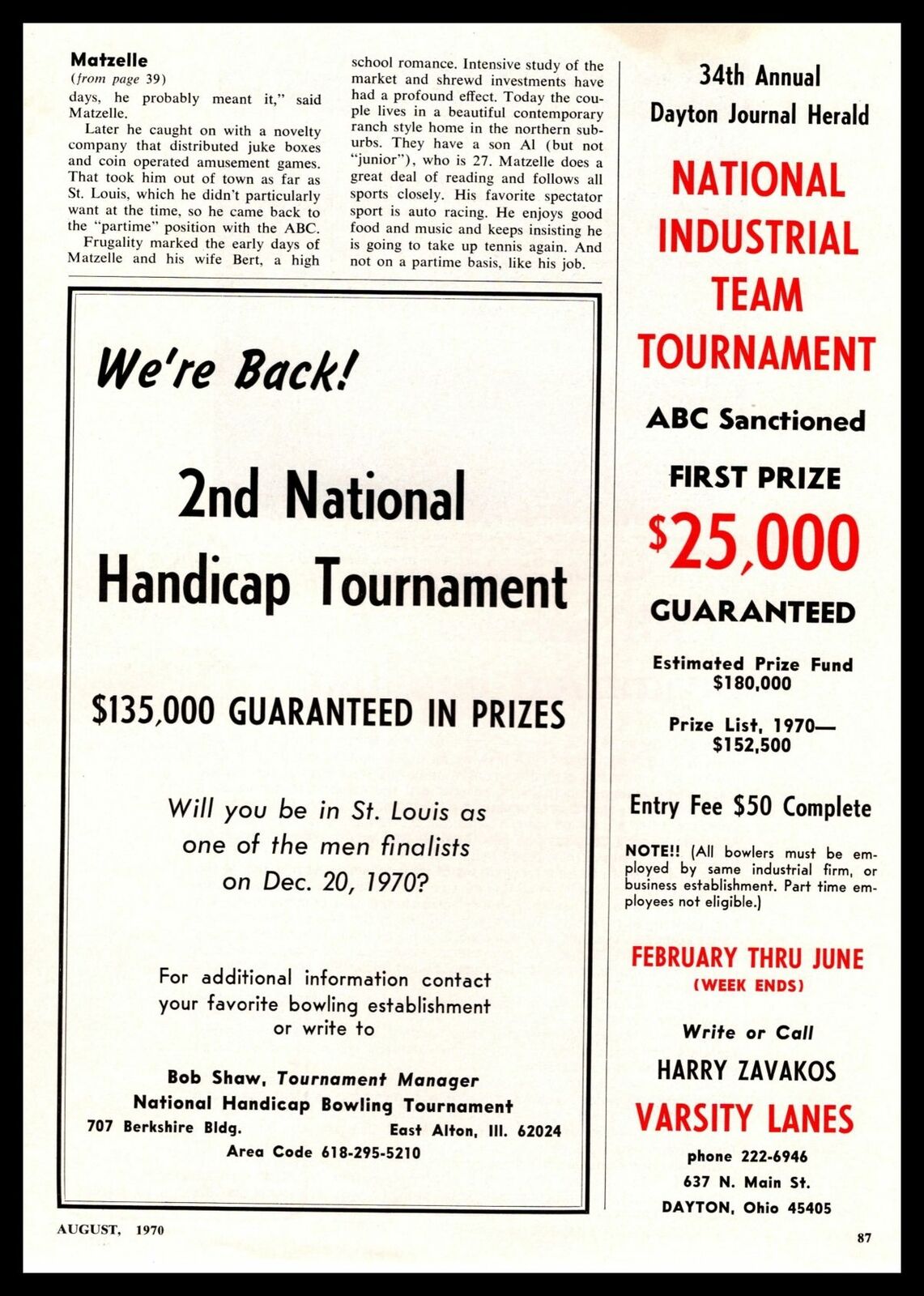 1970 Handicap Bowling Tournament East Alton IL Varsity Lanes Dayton OH Print Ad