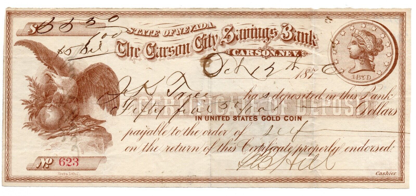 1870 carson City Savings  Bank Certificate of Deposits , Carson City, NV