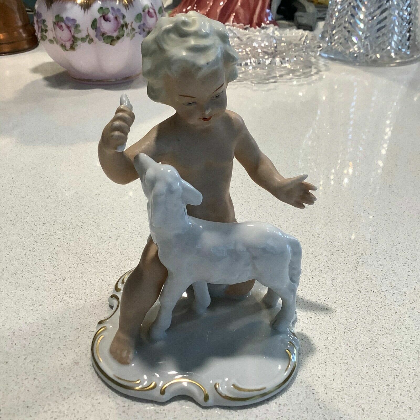 Antique German Porcelain Figurine, SCHAUBACH KUNTZ, BOY W LAMB, 5.5\