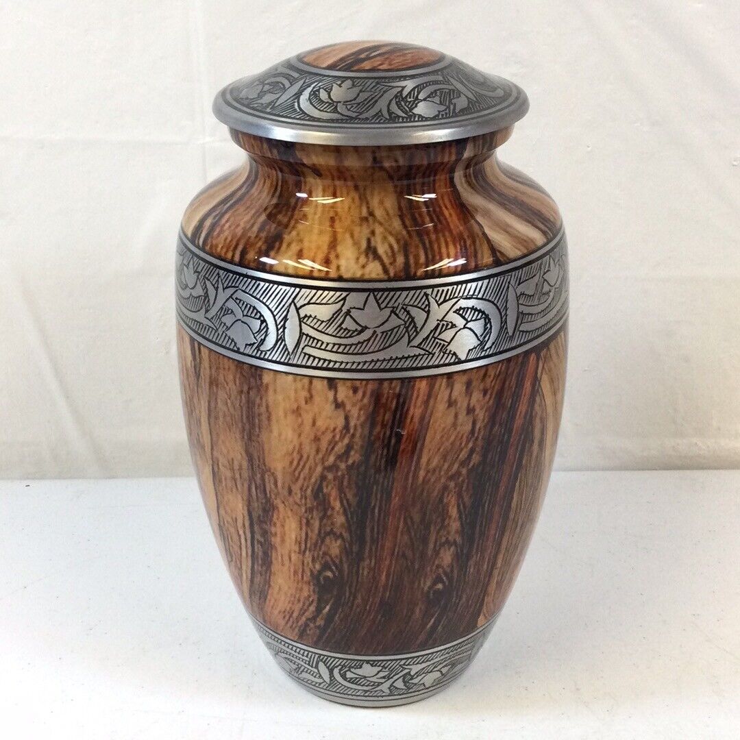 Hind Handicrafts Brown Silver Wood Engraved Cremation Urn For Human Ashes