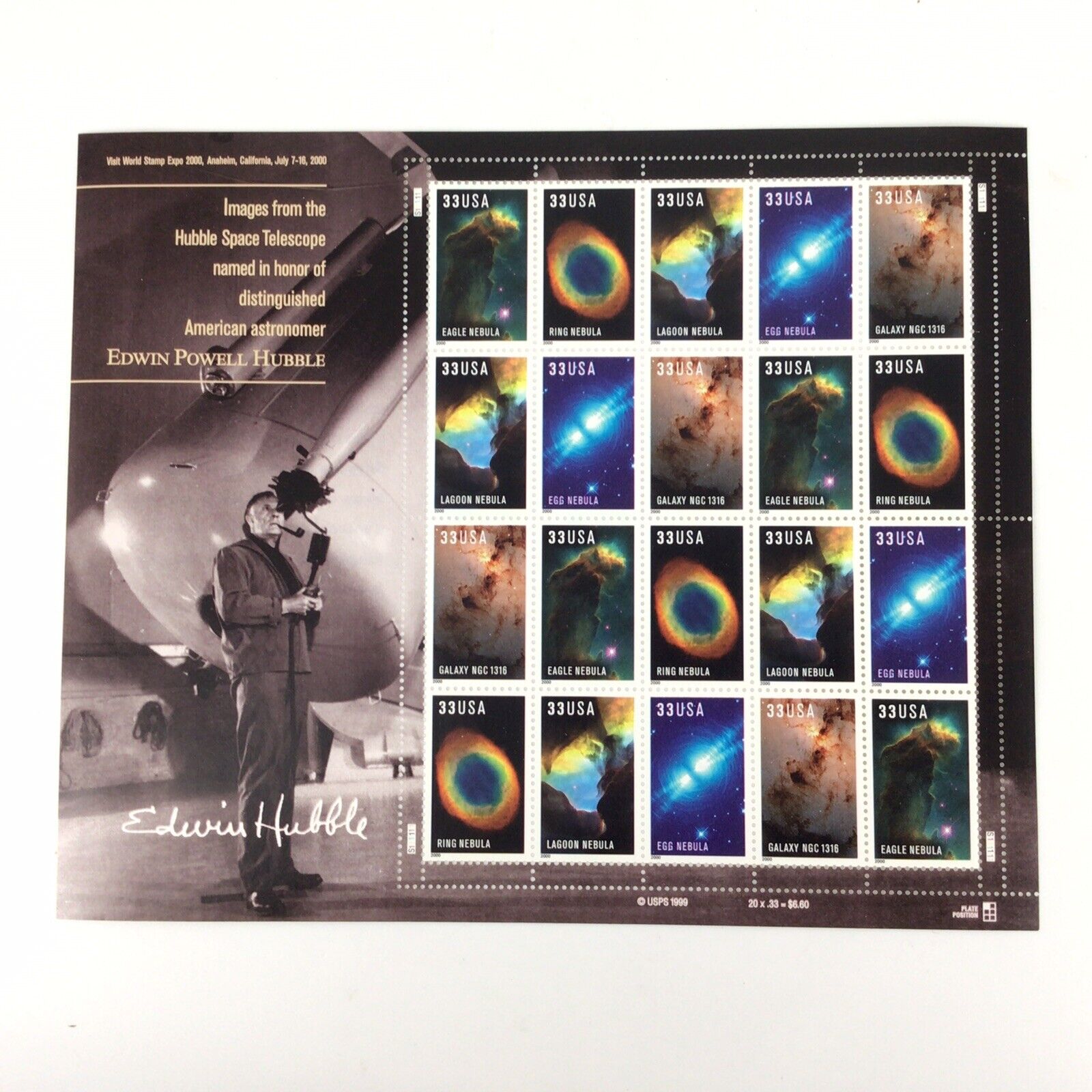 USPS Edwin Hubble Telescope 33c Stamps 1999 Pane Sheet of 20
