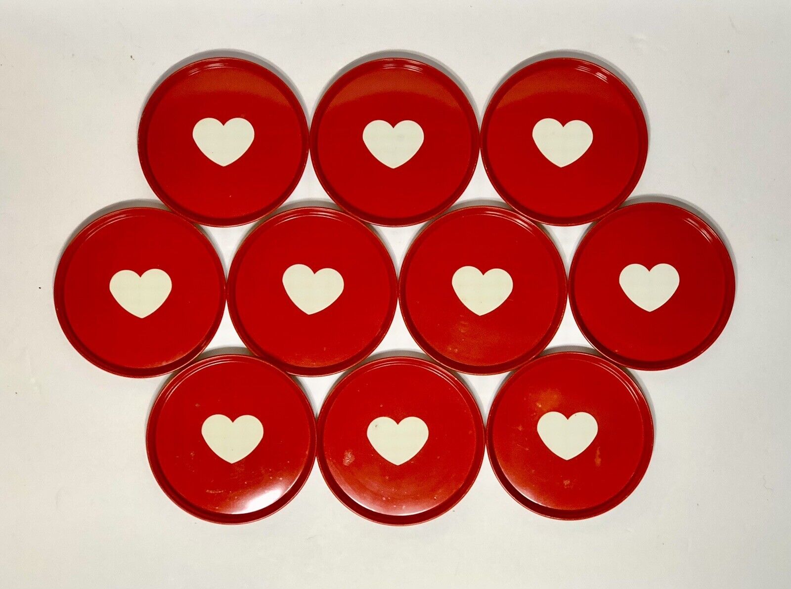Set/10 Red Metal Round Coasters White Heart Lip Vintage Mental Tin 3.25”