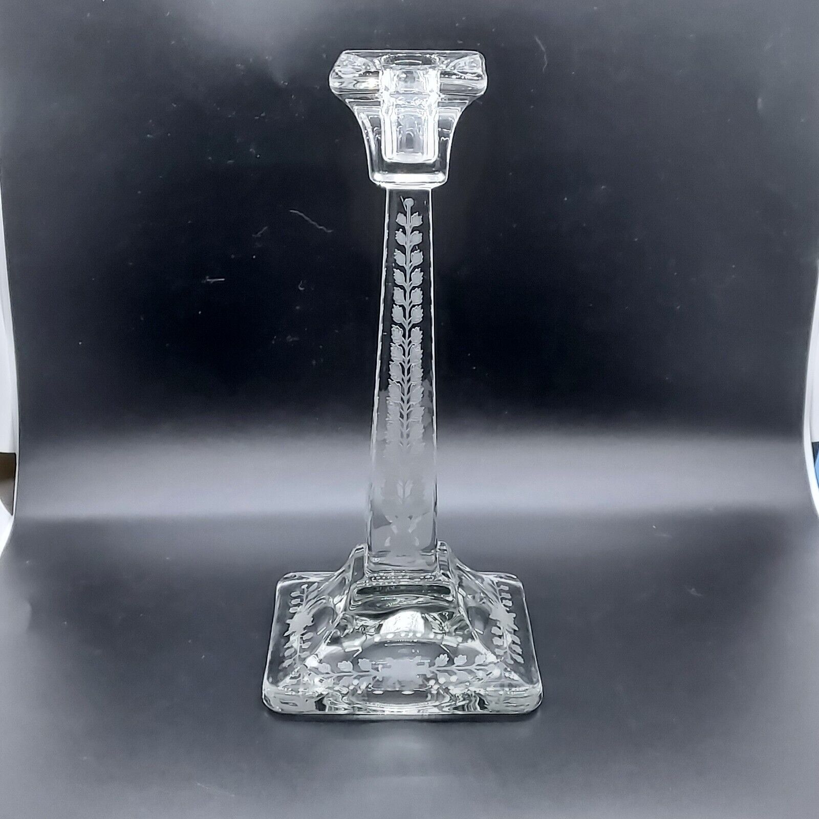 Clear Etched Cut Glass Candlestick 9.5\