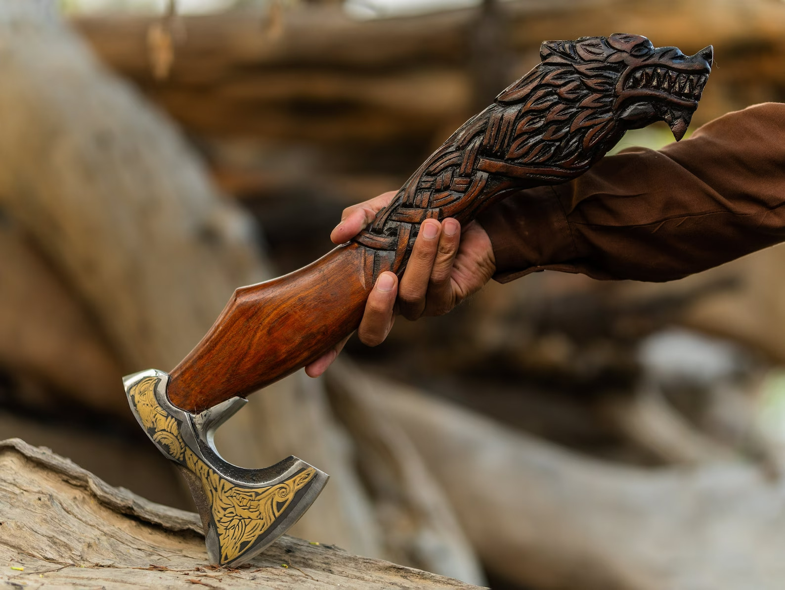 Medieval Norse/Viking Fenrir Axe, Viking Wolf Axe, Wood Carved Fenrir Wolf Handl