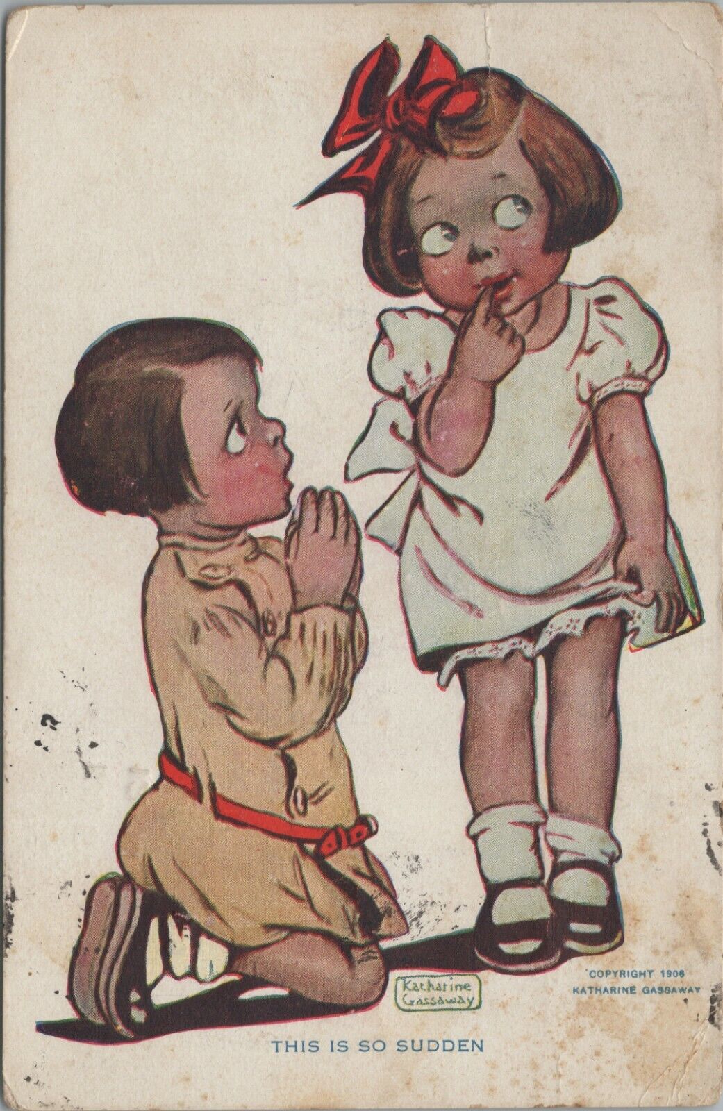 1906 Little Boy Proposing To Girl So Sudden Signed Katherine Gassaway  F723