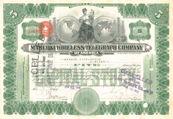 Marconi Wireless Telegraph Co. - Stock Certificate - Radio Stocks