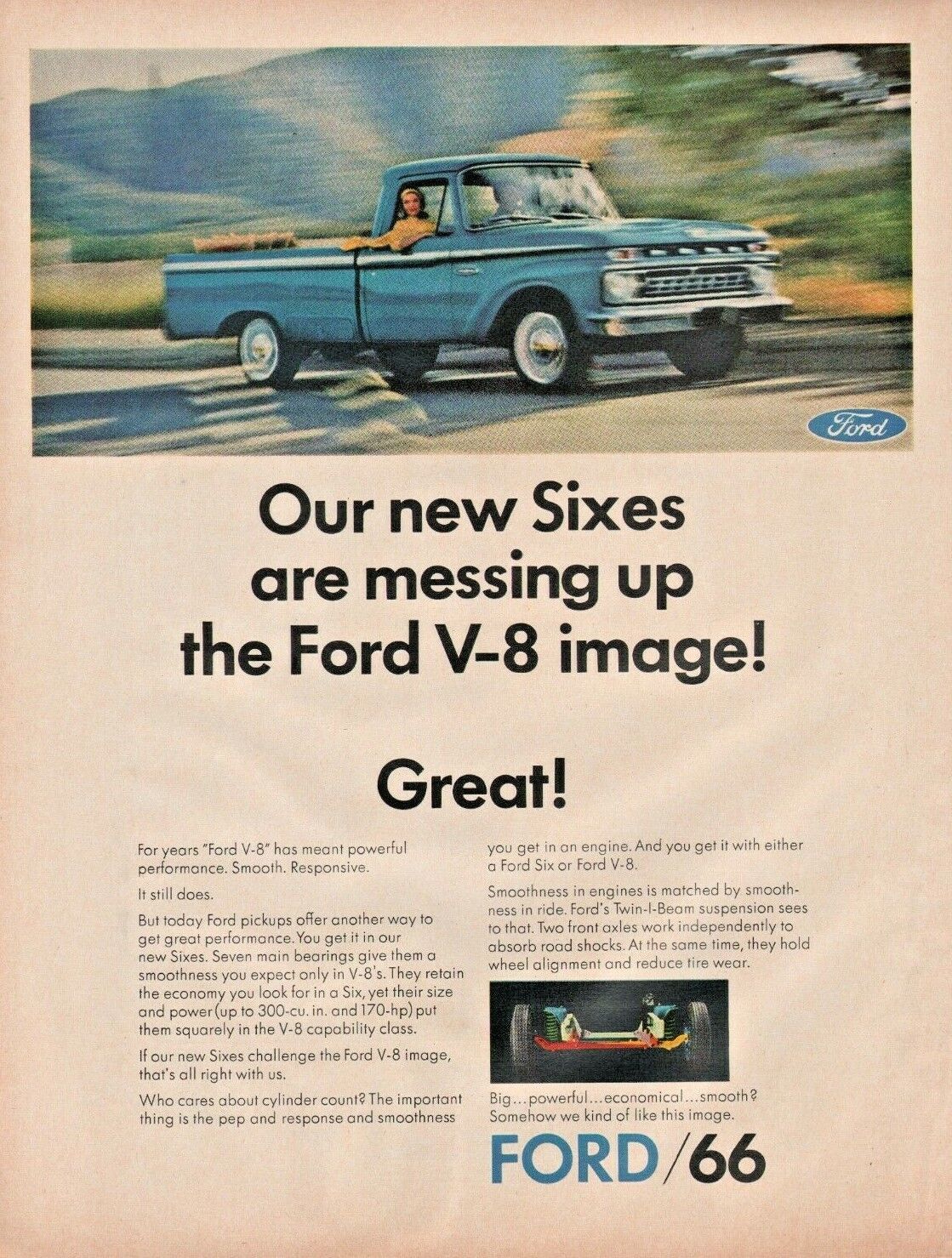 1966 Ford Six Pickup Truck - Vintage Automobile Ad