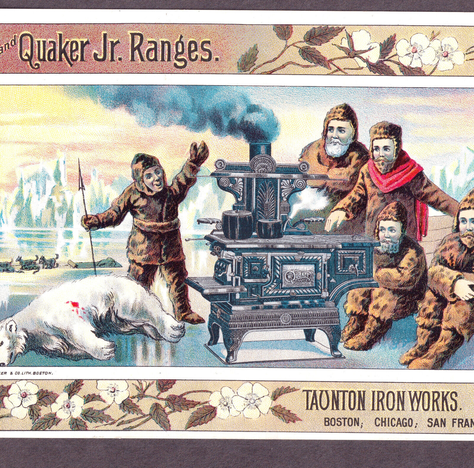 Lt Greely North Pole Arctic Ship Quaker Stove Ad Bear 1800s Victorian Trade Card