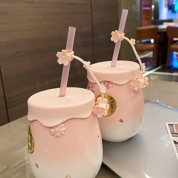 HOT  Starbucks Cherry Blossom Ceramic Cup Pink Cute Straw & Stopper Mug 2024 New