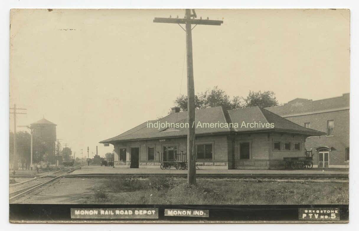 MONON, Ind. ~ Monon Railroad depot ~ early RPPC postcard, Indiana