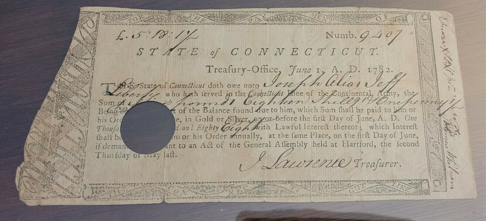 SLAVE AFRICAN AMERICAN Continental Army pay signed JEFF LIBERTY Connecticut 1782