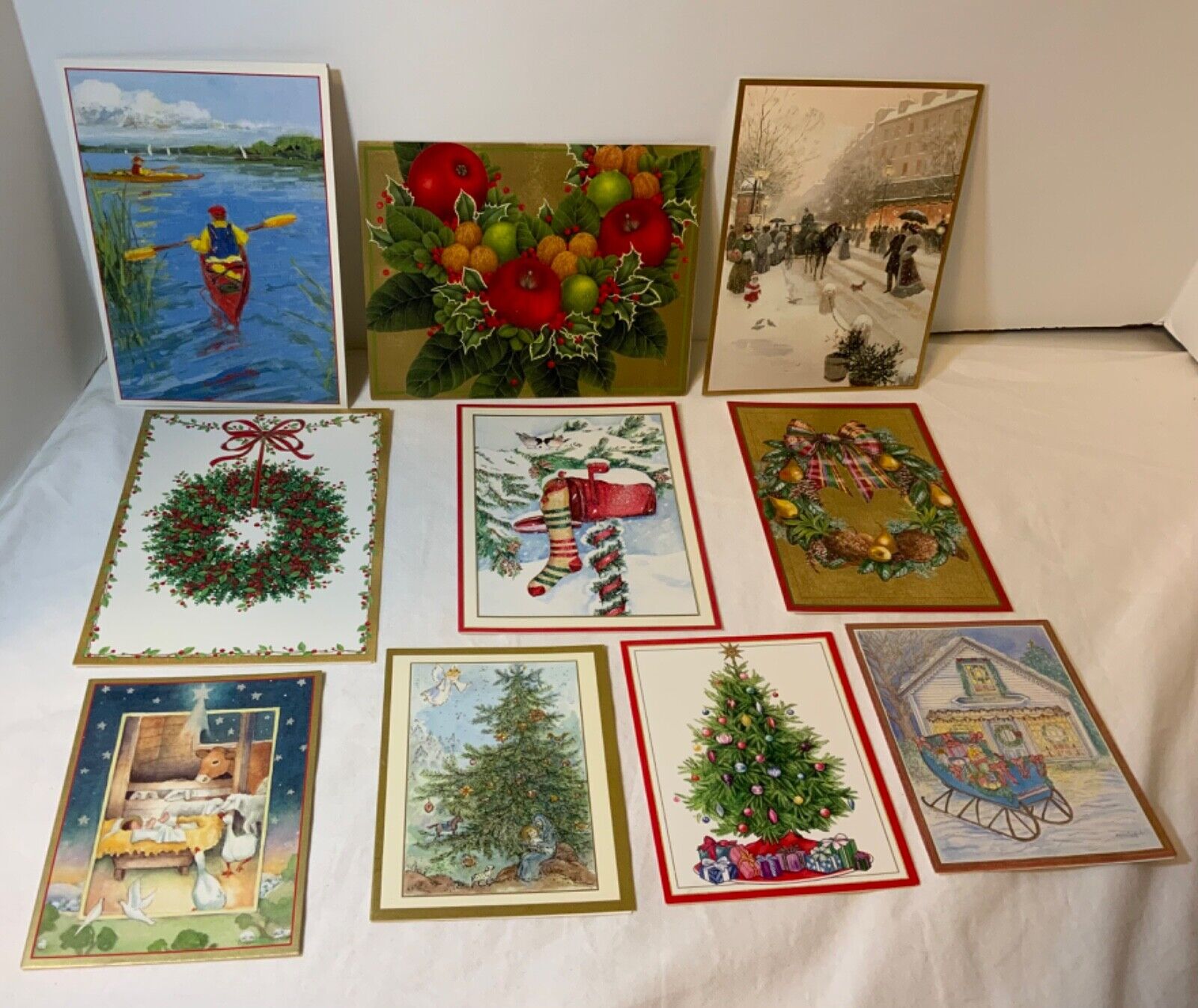 VTG Caspari Christmas Card Lot (9) + 1 Birthday Card Trees, Wreaths, Mailbox