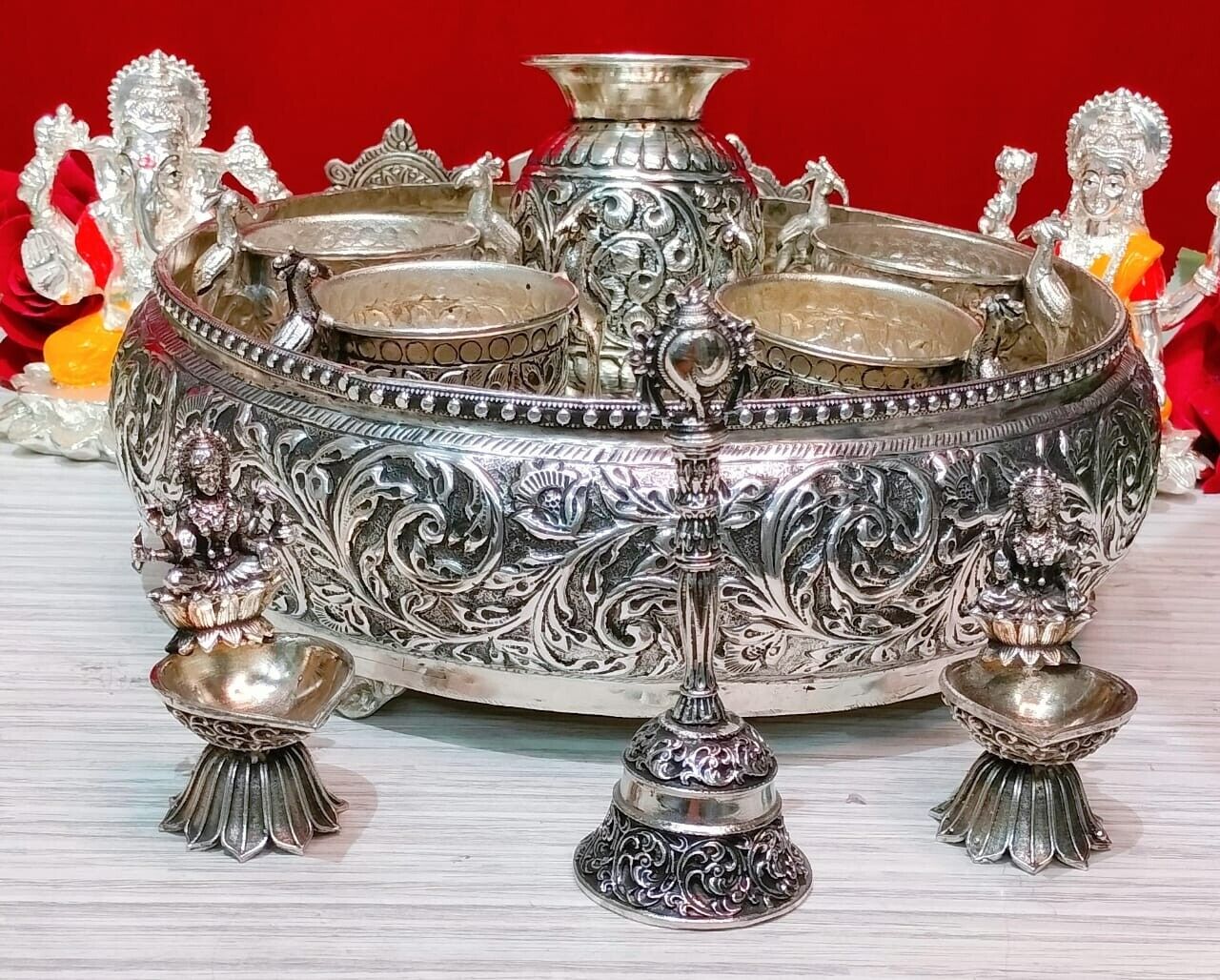 Germán silver pooja thali set for house warming puja party , wedding combo set