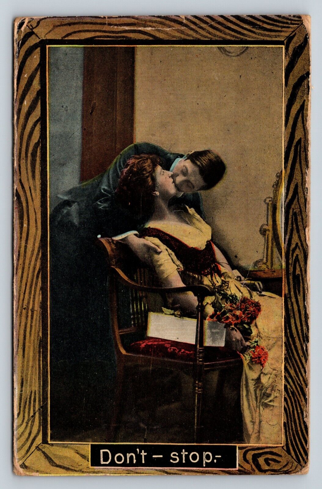 1913 Couple Making Out Kissing Flowers Don't-Stop ANTIQUE Postcard