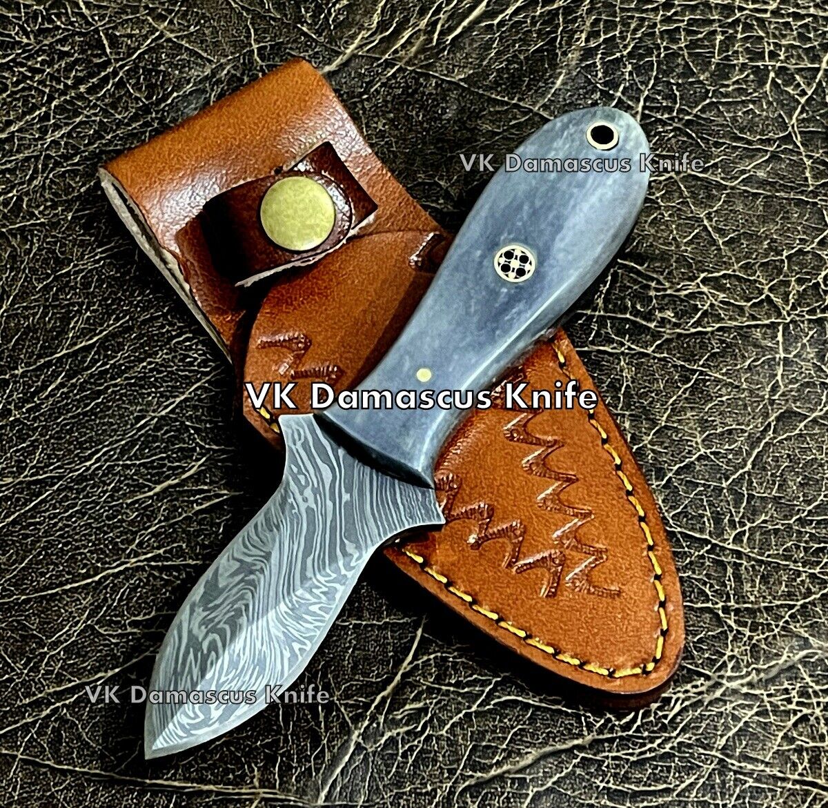 VK3664 Custom Handmade Damascus Steel Oyster Shucker Knife with Leather Sheath