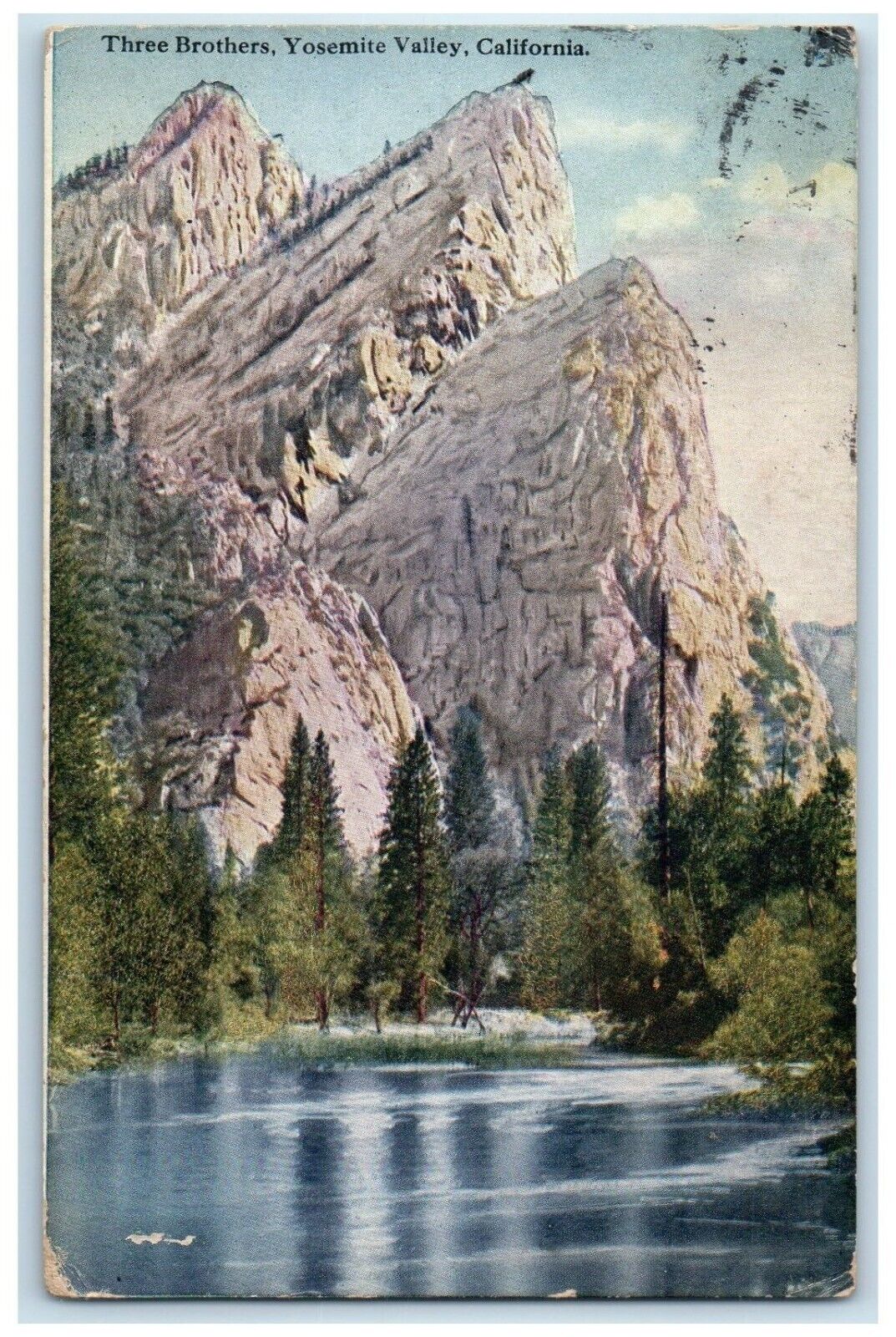 1910 Three Brothers Mountain River Lake Yosemite Valley California CA Postcard
