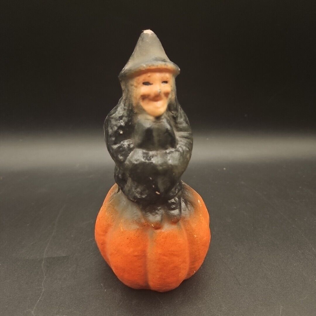 Vintage 40s Witch Sitting on Pumpkin Candy Container Pulp Paper Mache Halloween