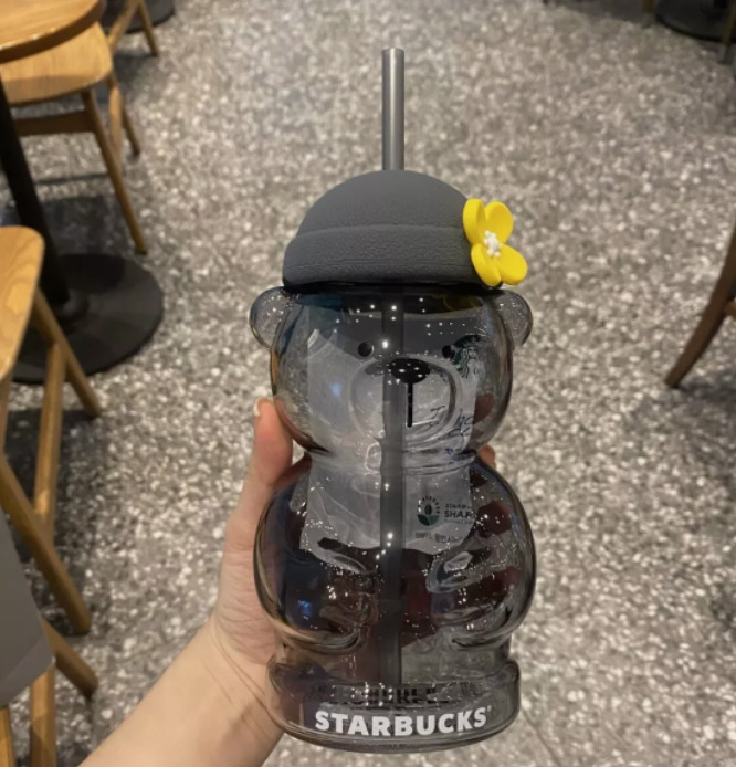 2024 New Authentic Starbucks Korea Grey Bear 20oz Glass Cup Tumbler