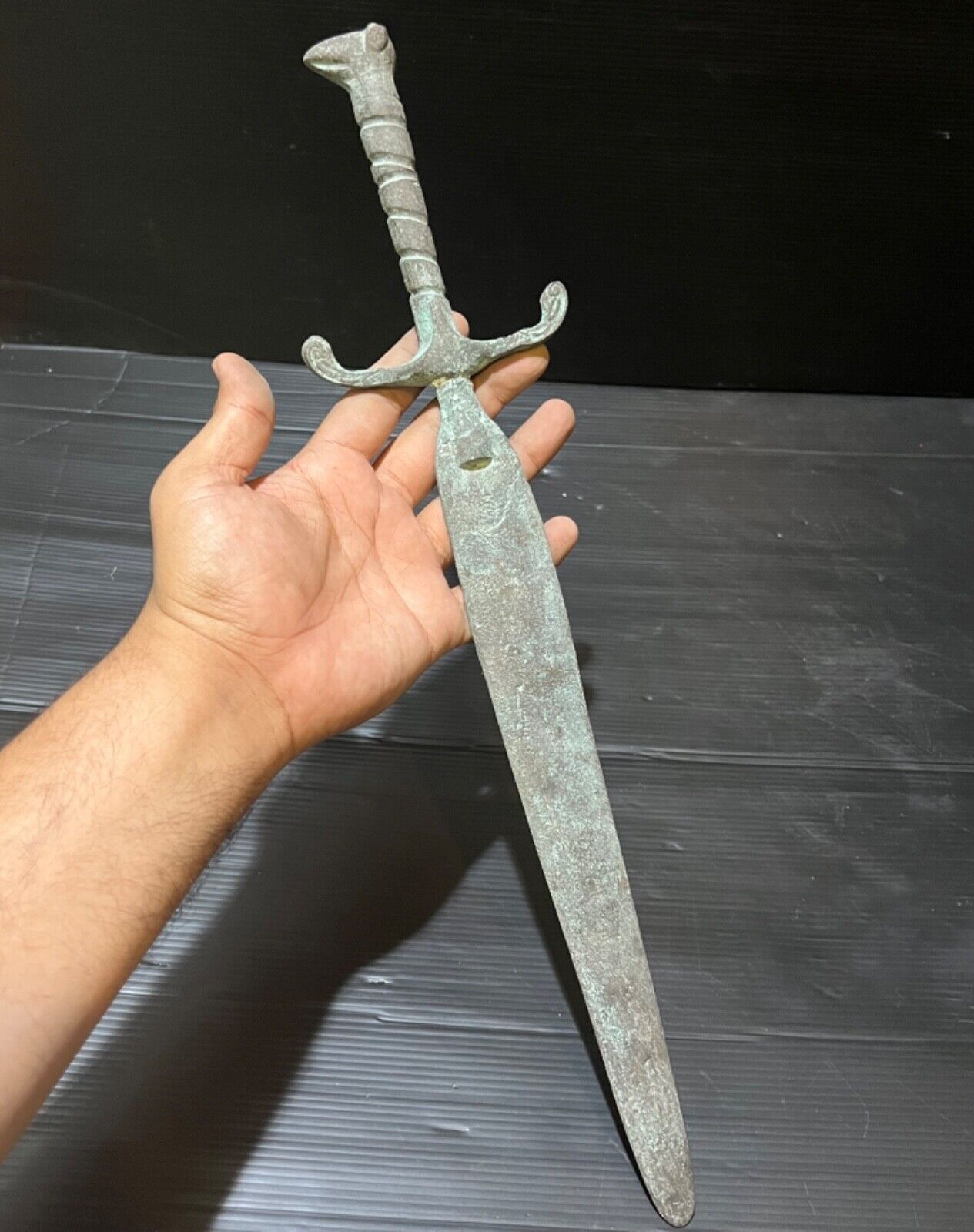 Roman Greek Era Rare Antique Old Bronze Digger Sword With Animal On Top