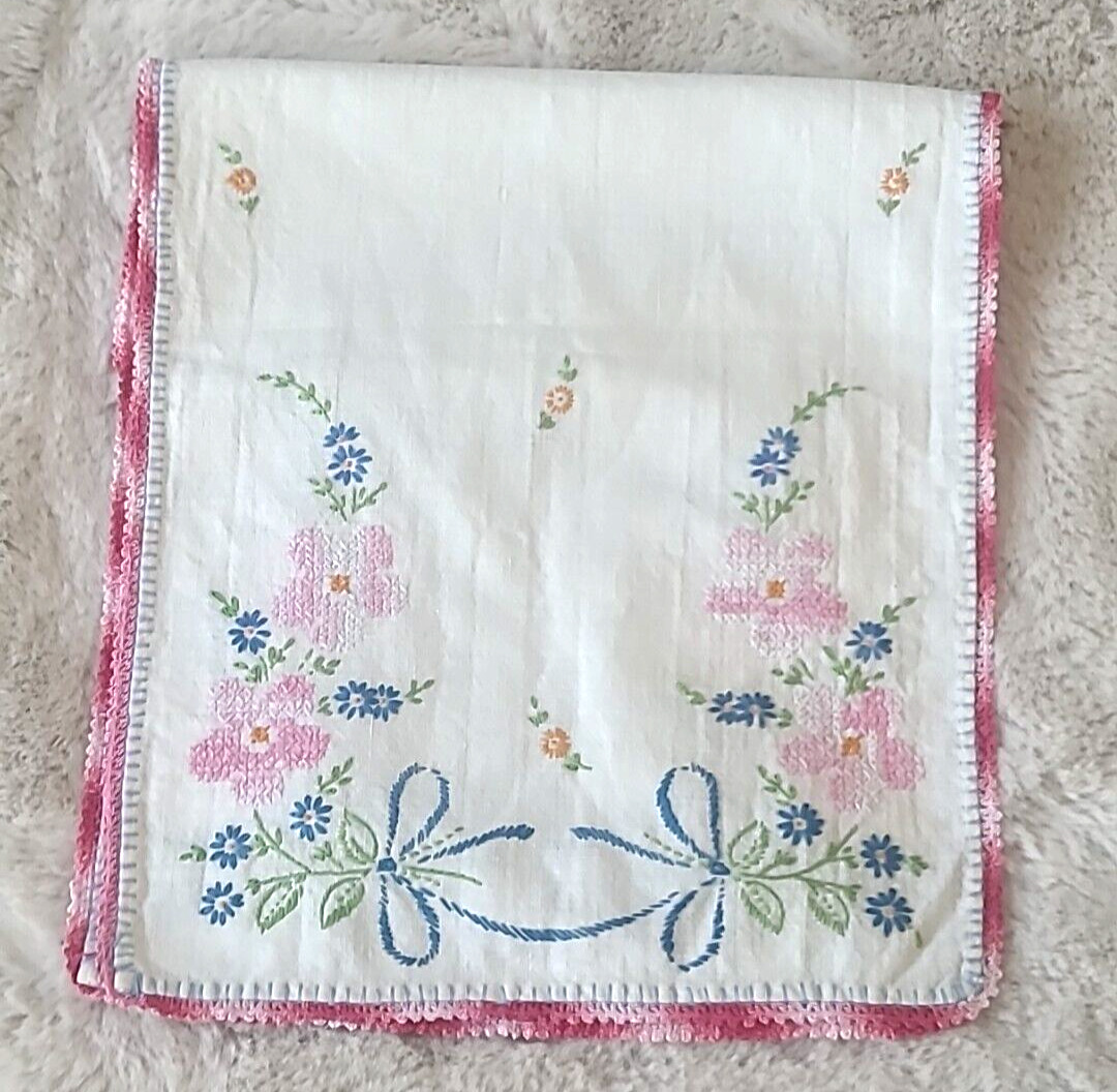 Vintage Hand Embroidered & Crocheted Table Runner Dresser Scarf 36X11\