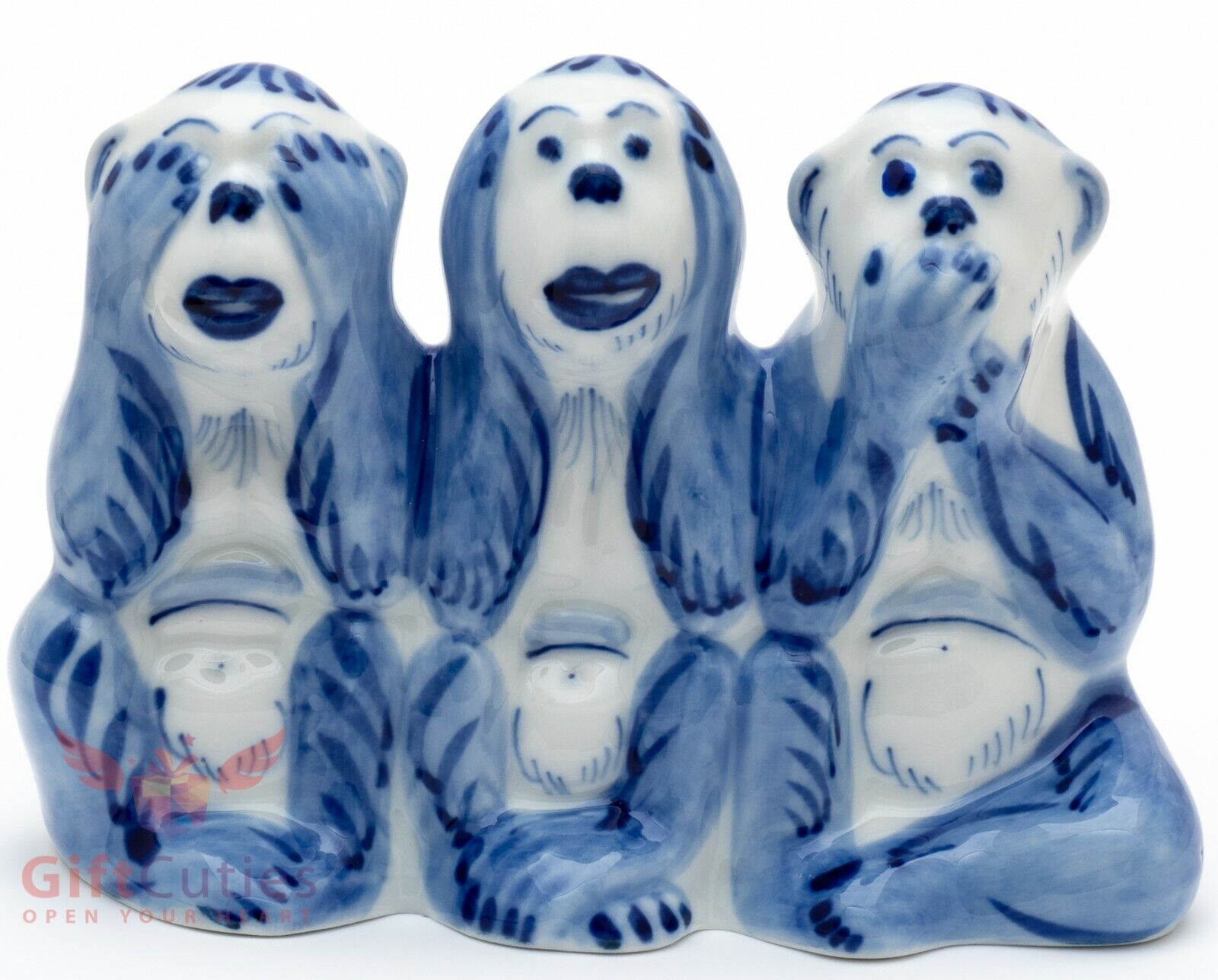 Gzhel 3 Three wise monkeys see hear speak no evil porcelain figurine