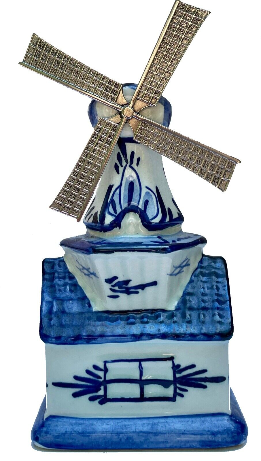 Vintage Authentic Blue Delft Pottery Windmill W/Moving Metal Blades 4.5\