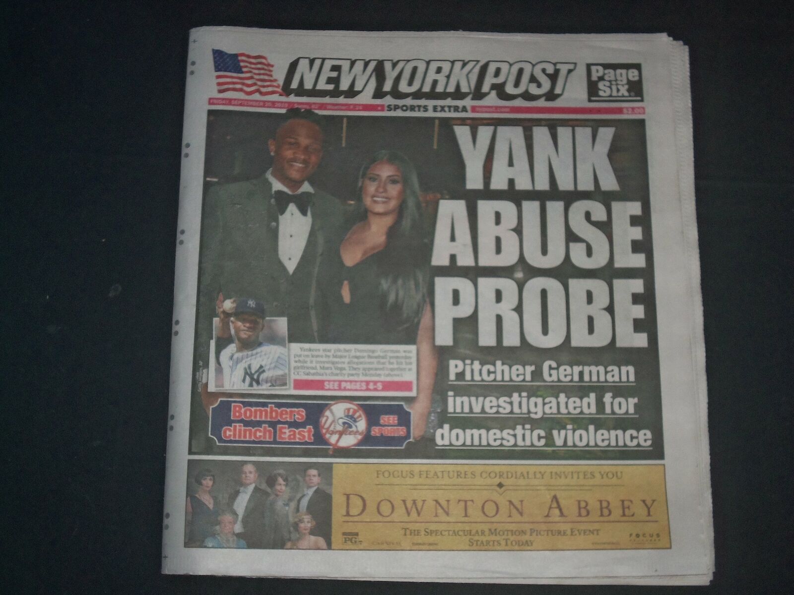 2019 SEP 20 NEW YORK POST NEWSPAPER -YANKEE'S DOMINGO GERMAN DOMESTIC VIOLENCE