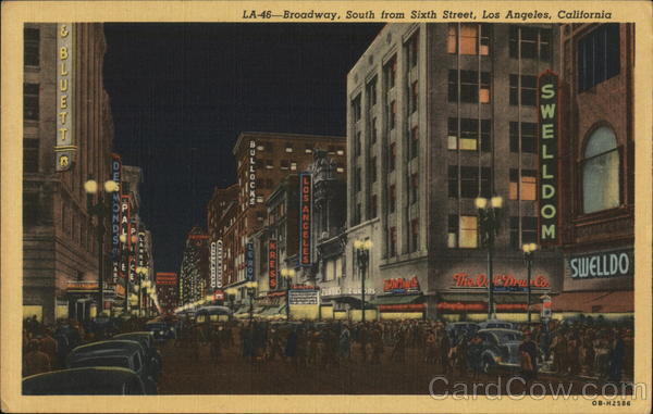 Los Angeles,CA LA-46-Broadway,South From Sixth Street California Linen Postcard