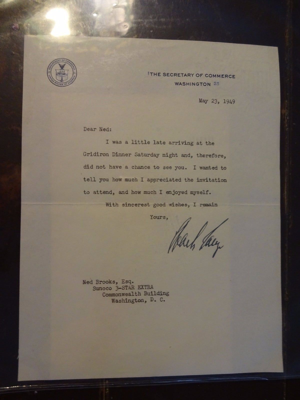 Charles W. Sawyer ORIGINAL TYPED Letter w/ Envelope to Ned Brooks - May 23, 1949