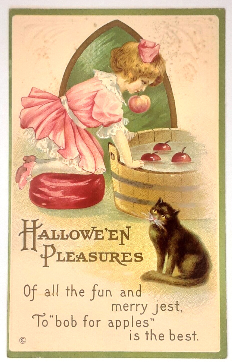 Halloween Post Card Series 226 B Embossed Black Cat Bobbing For Apples Unused