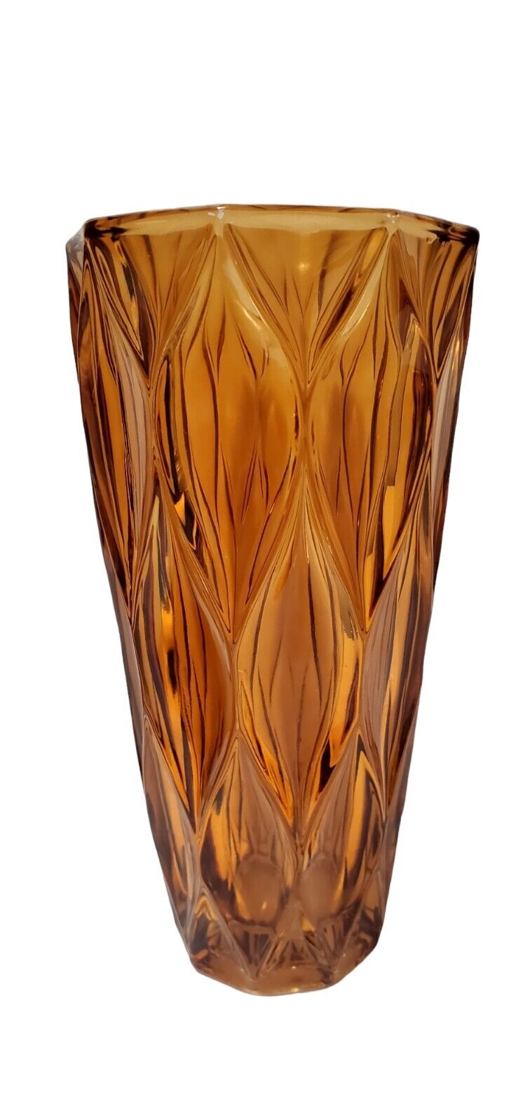 Vintage Amber Colored Glass Wave Vase Diamond Optic Tall 9.5\