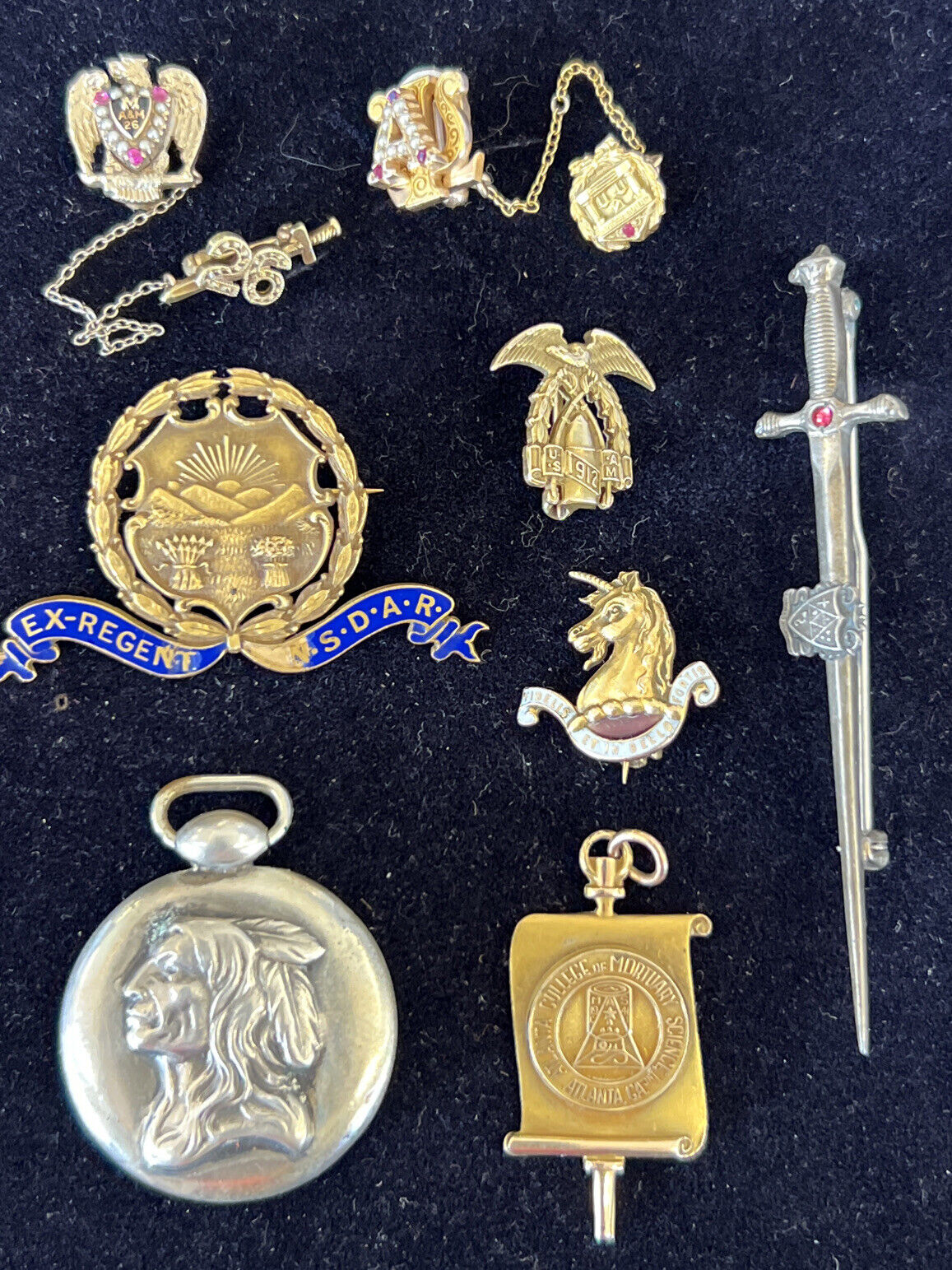 Solid 10k 14k Gold Silver Antique Pin Medal Lot Fraternity Army 1912 NSDAR Sword