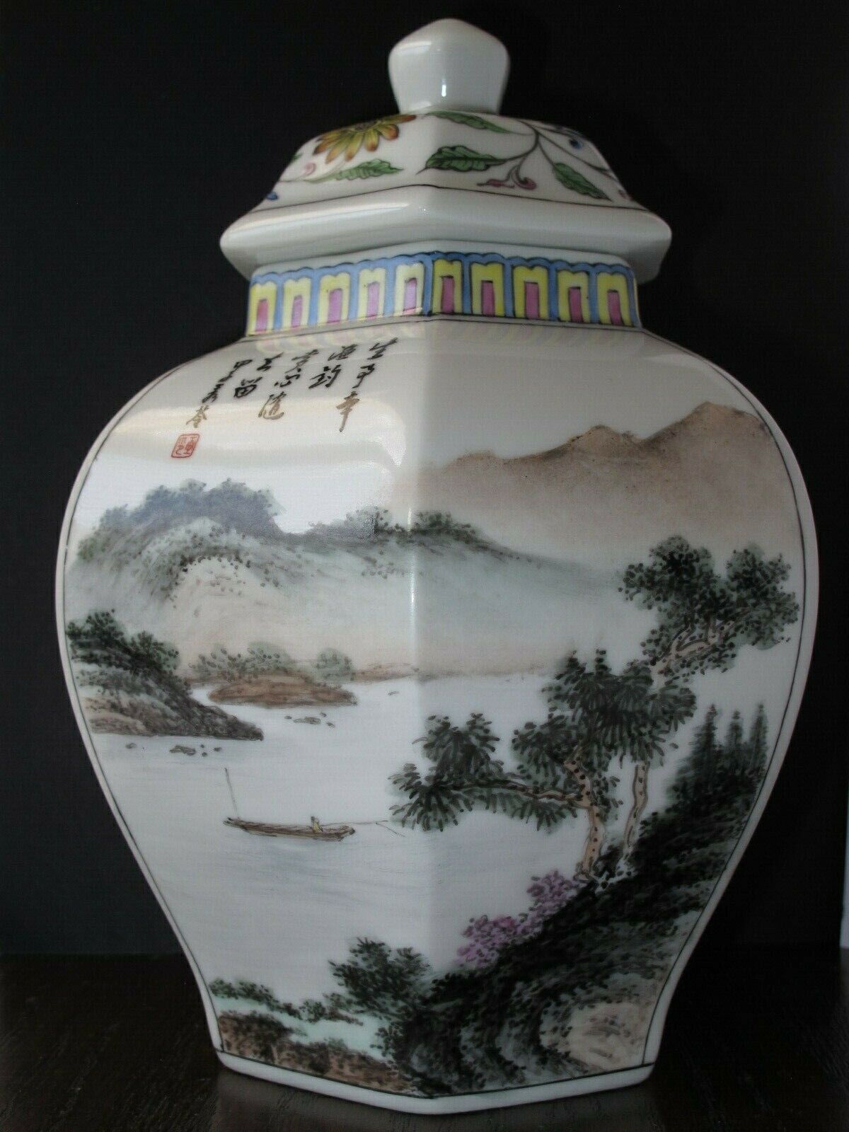 Vintage (80's) Taiwan Hex Lidded Jar - Hand-painted Landscapes & Flower Scrolls