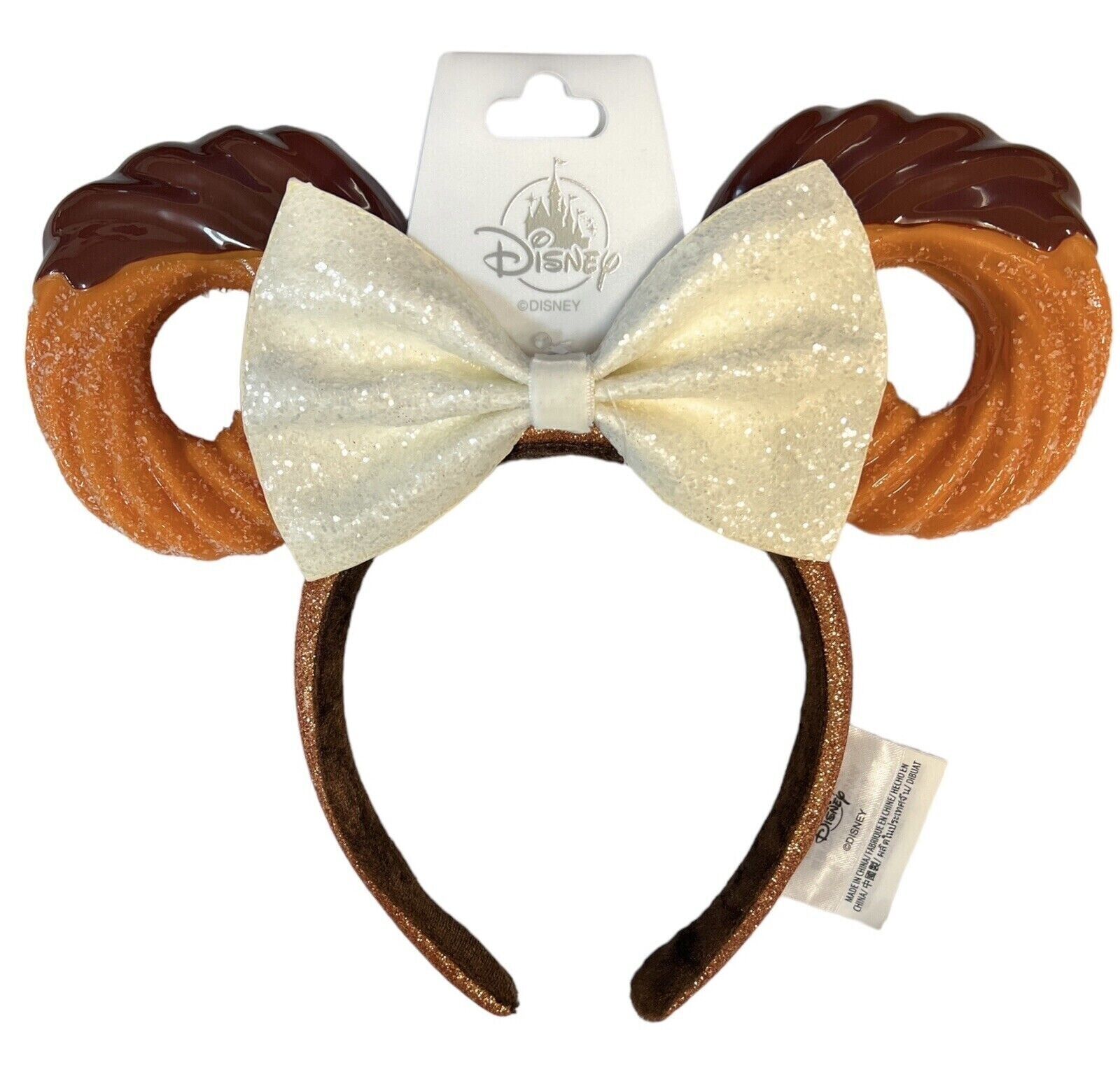 Disney Parks Churro Chocolate Sugar Snacks Minnie Headband Ears Glitter Bow NEW