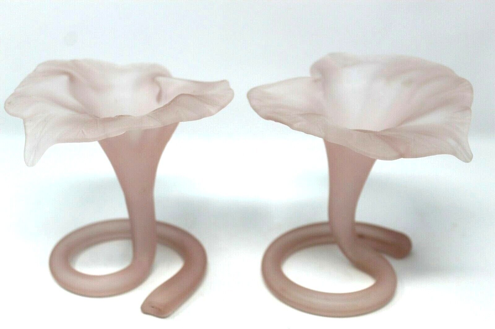 PAIR OF VINTAGE PINK FROSTED SATIN ART GLASS LILY TRUMPET VASE W/SWIRLED STEM