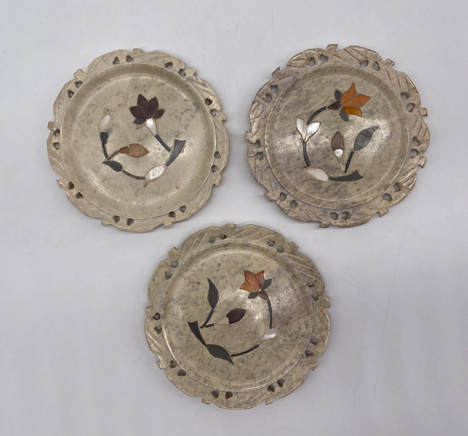 Vintage Pietra Dura Marble Coasters Set Of 3 Carved Edges Handmade In India