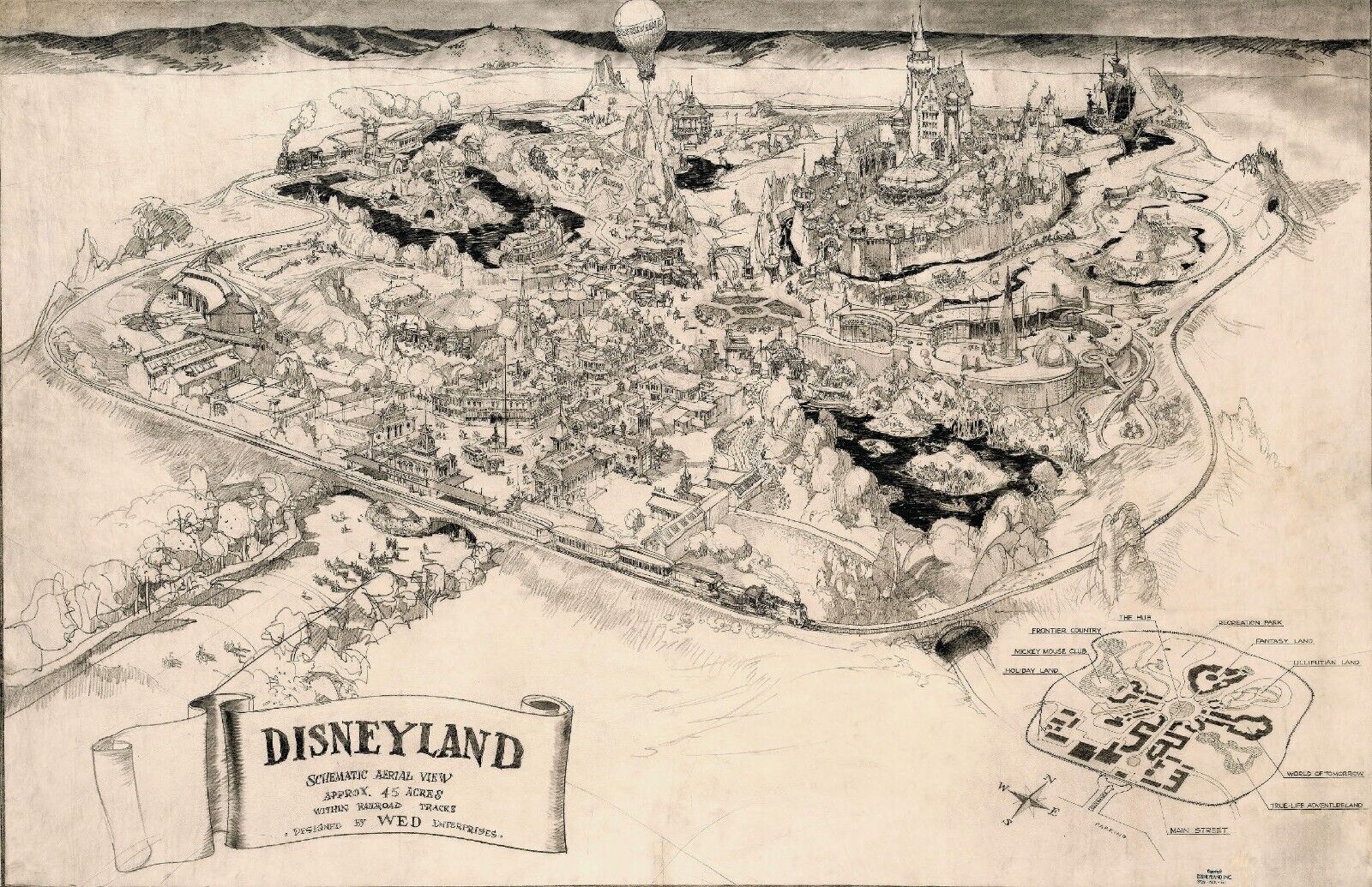 Disneyland Park Schematic Drawing Sketch Map 1955 Poster Print
