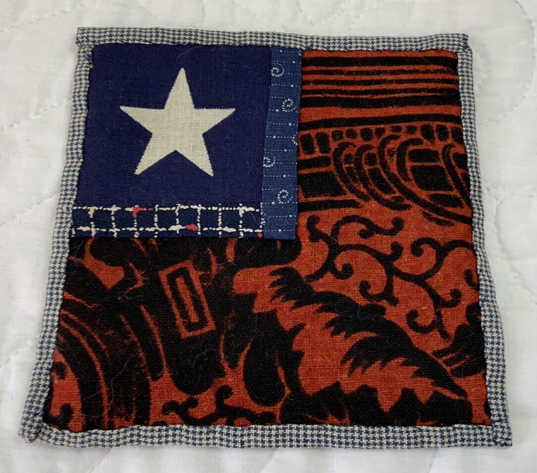 Vintage Antique Quilt Table Topper, Small, Early Wool Blanket, Star, Red, Navy